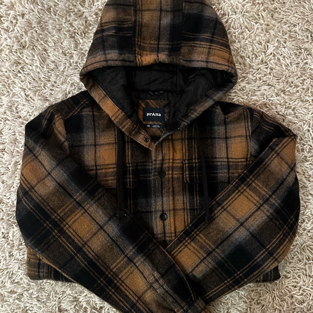 Prana Black and Brown Plaid Hooded Button Up Jacket